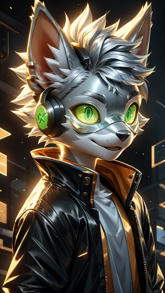 Young werewolf，Golden Fur，Wearing a black jacket with neon details，Wear an electronic mask，Wearing gaming headphones，avatar，Close-up of face，high quality，The art of math，High-definition 4K realism，((Clear structural details)))Show details，Exquisite eyes，(Blue-green pupils)((Silvery-white glowing eyes))Slim，Soft，4K，Excellent Quality，High Detail，Delicate fur，((Yellowtail in the right place))Light blue shirt。Pale yellow ears，hair，whole body，permanent，small short mouth，personification，domineering