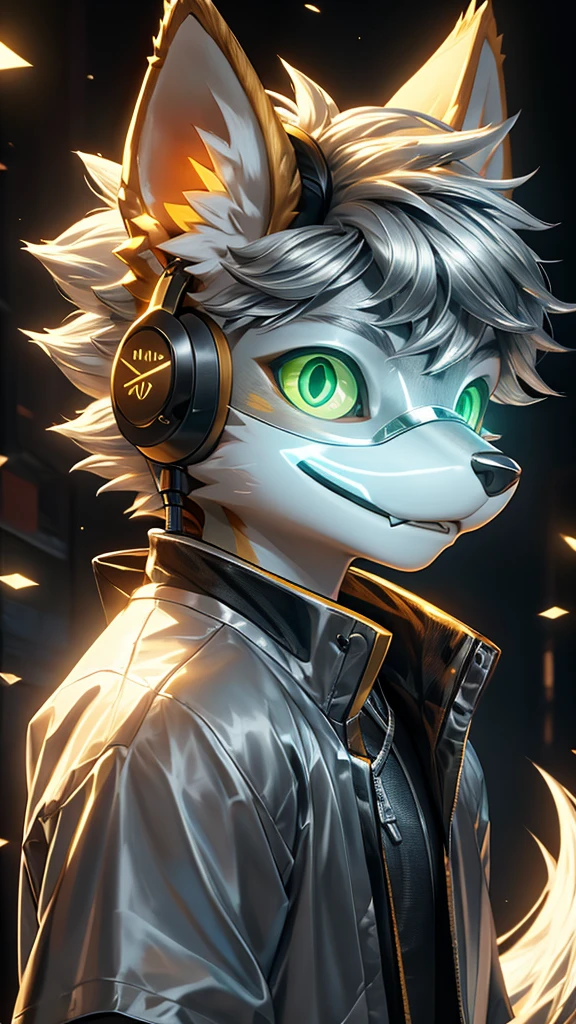 Young werewolf，Golden Fur，Wearing a black jacket with neon details，Wear an electronic mask，Wearing gaming headphones，avatar，Close-up of face，high quality，The art of math，High-definition 4K realism，((Clear structural details)))Show details，Exquisite eyes，(Blue-green pupils)((Silvery-white glowing eyes))Slim，Soft，4K，Excellent Quality，High Detail，Delicate fur，((Yellowtail in the right place))Light blue shirt。Pale yellow ears，hair，whole body，permanent，small short mouth，personification，domineering