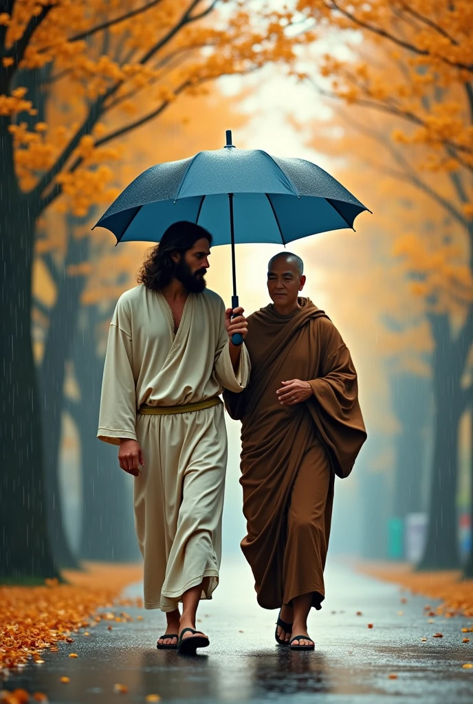 Jesus Christ walking with an umbrella in the rain. Jesus is wearing an off-white knit top, jeans, and a knit hat on his head as he walks down a tree-lined autumn avenue. He is smiling and looking wise. His umbrella is indigo. Jesus of Nazareth is depicted as a gentle, gentle man with shoulder-length hair. His wavy brown hair cascades over his shoulders. His face conveys deep wisdom and empathy, radiating warmth and understanding. Hair blowing in the wind. Ginkgo trees. A Buddha-like monk walks beside Jesus. The monk gently watches over and guides Jesus. It's raining. A rainbow is appearing. They point to the rainbow, smile and laugh happily. Highly detailed, trending at the art station, sharp focus, studio shot, intricate detail, Greg Rutkowski,