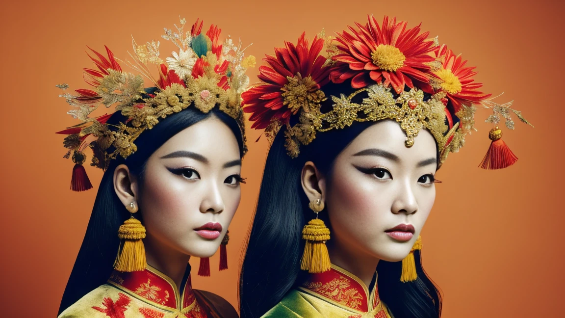 best quality, masterpiece, Ultra-fine high resolution, (Practical: 1.4), Watercolor style, illustration, Bright background color,, 1 Girl with a weapon, (Solo exhibitions: 1.2), (牛仔布lens: 1.2), (Hair crown: 1.2), Traditional chinese dunhuang style clothes, Tapeless, (Red Eyeliner: 1.2), (: 1.4), earrings, Dynamic Angle, opera, messy_long_hair, ink, Movie Lighting, lens_Flare, Velvet, chrysanthemum, tassel, Ribbon, color embroidery,