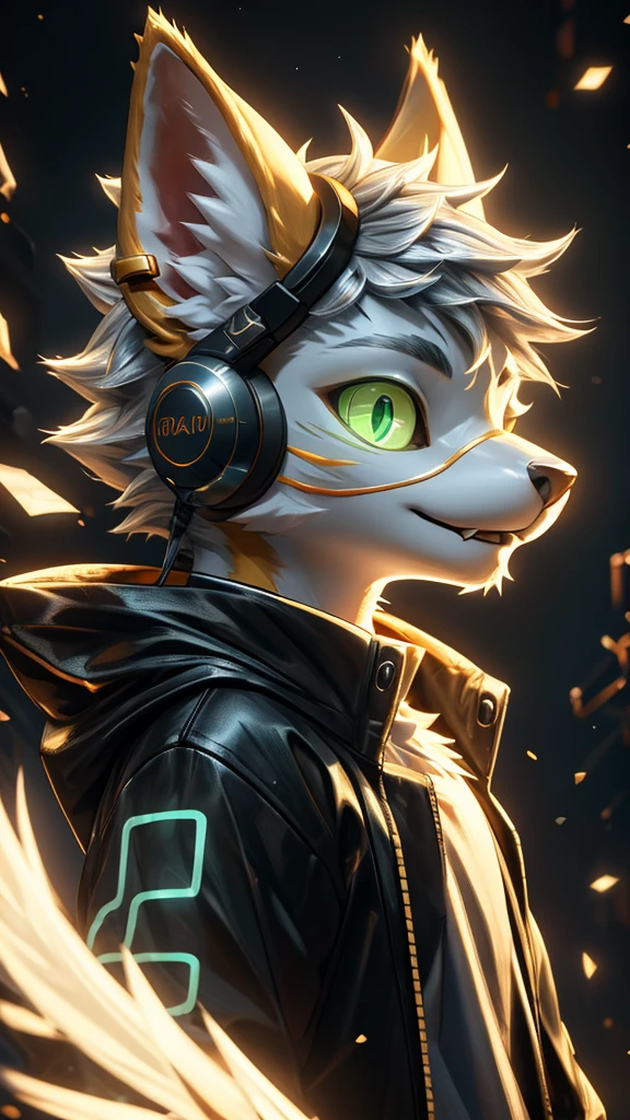 Young werewolf，Golden Fur，Wearing a black jacket with neon details，Wear an electronic mask，Wearing gaming headphones，avatar，Close-up of face，high quality，The art of math，High-definition 4K realism，((Clear structural details)))Show details，Exquisite eyes，(Blue-green pupils)((Silvery-white glowing eyes))Slim，Soft，4K，Excellent Quality，High Detail，Delicate fur，((Yellowtail in the right place))Light blue shirt。Pale ears，hair，whole body，permanent，small short mouth，personification，domineering