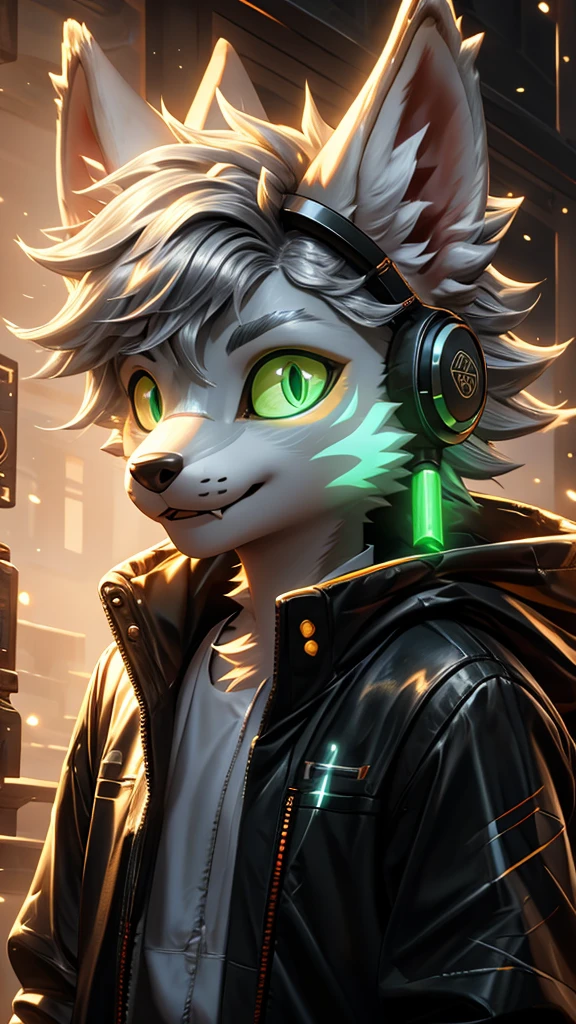 Young werewolf，Golden Fur，Wearing a black jacket with neon details，Wear an electronic mask，Wearing gaming headphones，avatar，Close-up of face，high quality，The art of math，High-definition 4K realism，((Clear structural details)))Show details，Exquisite eyes，(Blue-green pupils)((Silvery-white glowing eyes))Slim，Soft，4K，Excellent Quality，High Detail，Delicate fur，((Yellowtail in the right place))Light blue shirt。Pale ears，hair，whole body，permanent，small short mouth，personification，domineering