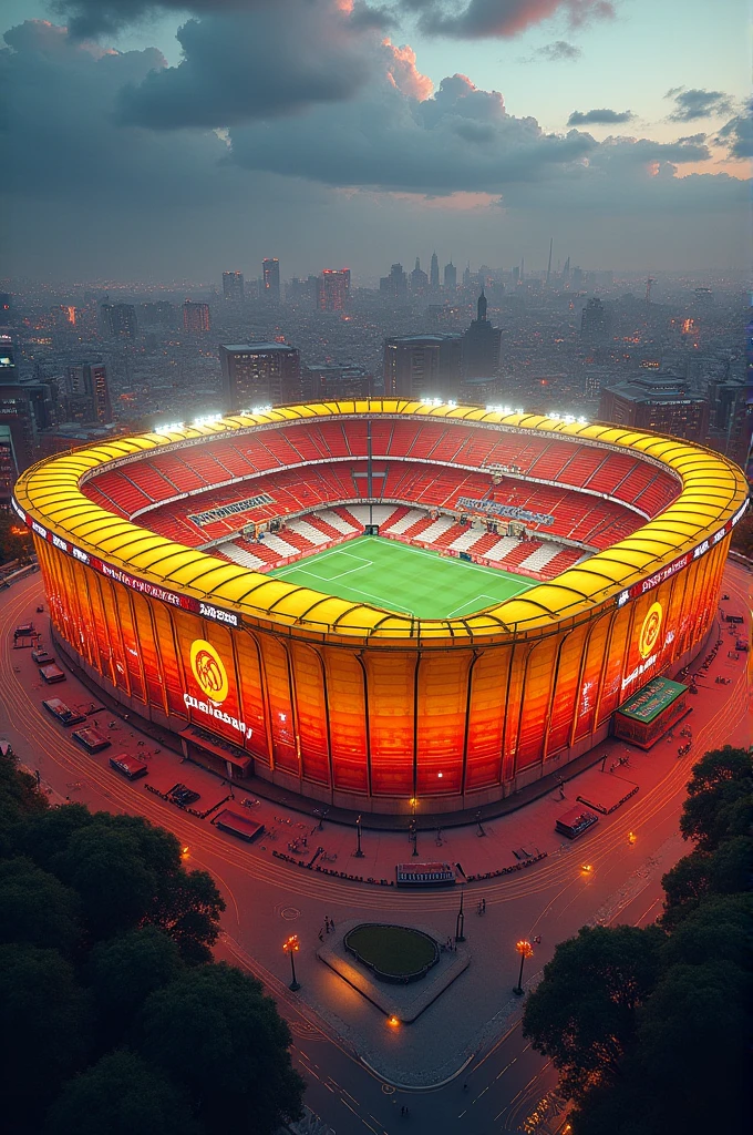 Build a stadium with yellow and red colors that say Galatasaray
