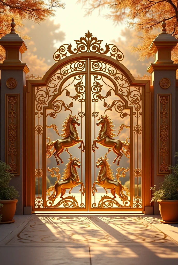 Artistic gates with 7 horses symbol with Gold color