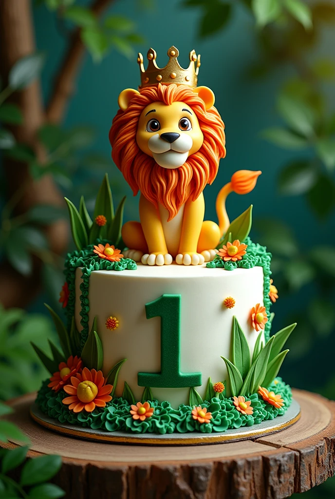 Crée une image d’un gâteau d’anniversaire pour fêter le premier anniversaire d’un garçon appelé Leeroy Morrow. Le gâteaux ne doit pas être simple. Le thème est la jungle, avec un lion ayant une couronne sur la tête, pour rappeler que Leeroy signifie « Roi », et le lion est le roi de la jungle. 
