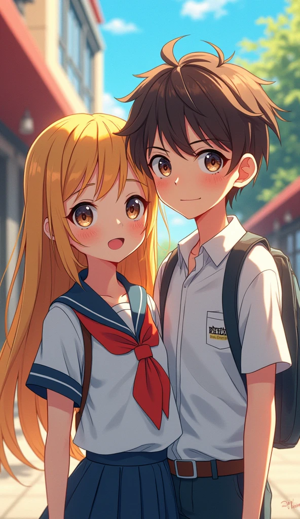 (1 girl: 1.3), (anime boy: 1.3), (stand together: 1.3), (big eyes: 1.2), Splash ink animation Lolita, long-haired blonde anime girl, (brunette anime boy with short hair: 1.5), Smooth anime CG art, Animated art wallpaper 8K, 4k comics wallpaper, (Big boobs: 1.3), (Big boobs: 1.3), (Wearing school uniform: 1.3)