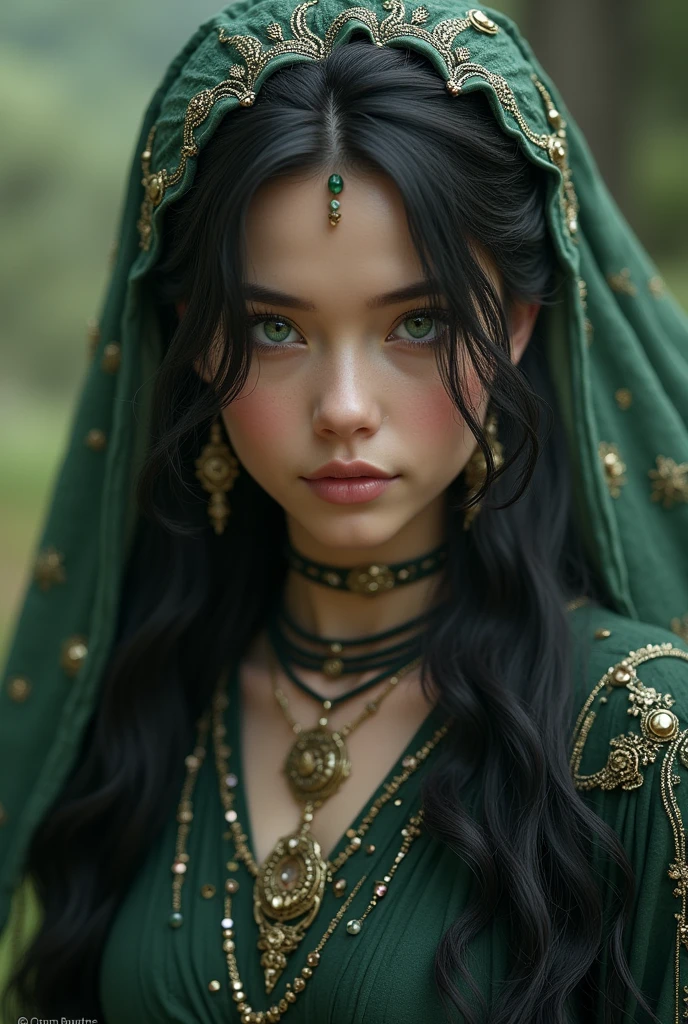 she is an exquisite 2000-year-old Norse goddess-like beauty in every aspect, appearing stunningly youthful at just 21 years old, with porcelain skin, raven-black hair cascading down her back like a waterfall of night, and piercing emerald-green eyes that seem to hold secrets of the ages, adorned in elegant attire that whispers hints of ancient mythology, her slender fingers adorned with ornate, intricately crafted jewelry that seems to have been forged from the very essence of Asgard itself, while she gazes directly into the lens with a subtle, mysterious smile that holds a hint of mischief,