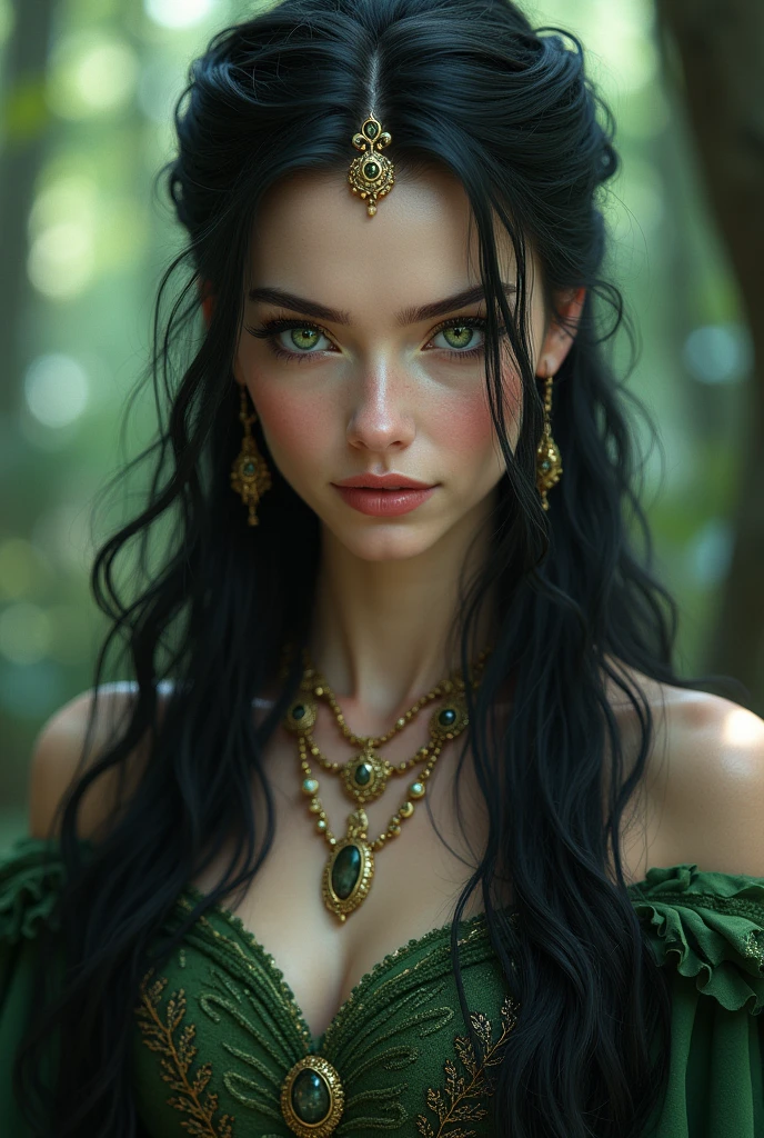 she is an exquisite 2000-year-old Norse goddess-like beauty in every aspect, appearing stunningly youthful at just 21 years old, with porcelain skin, raven-black hair cascading down her back like a waterfall of night, and piercing emerald-green eyes that seem to hold secrets of the ages, adorned in elegant attire that whispers hints of ancient mythology, her slender fingers adorned with ornate, intricately crafted jewelry that seems to have been forged from the very essence of Asgard itself, while she gazes directly into the lens with a subtle, mysterious smile that holds a hint of mischief,