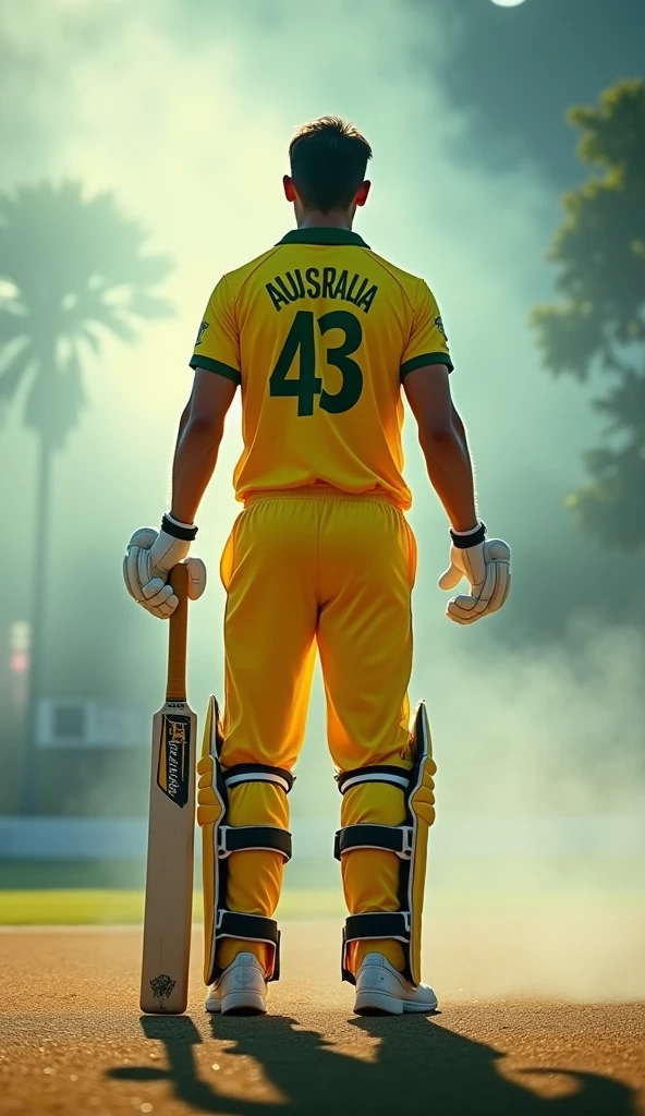 Give me a cricket player with AUS written on his yellow jersey and white sneakers on his feet., View from behind,A hand holding a cricket bat drop shadow, anaglyph, stereogram, tachi-e, ass pov, atmospheric perspective, 8k, super detail, best quality