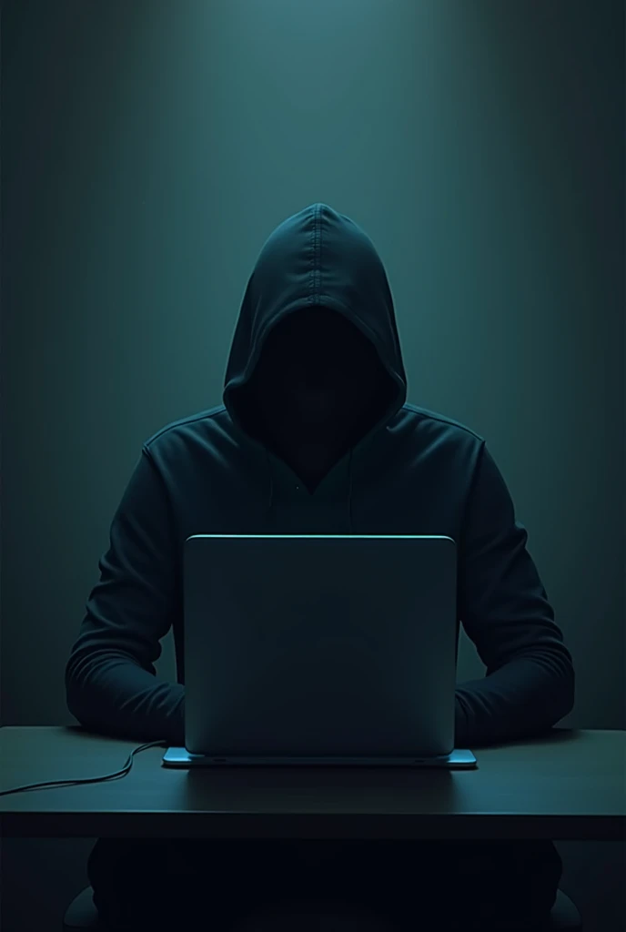 A young hooded man, no face, sit in front of computer, with light dark background.