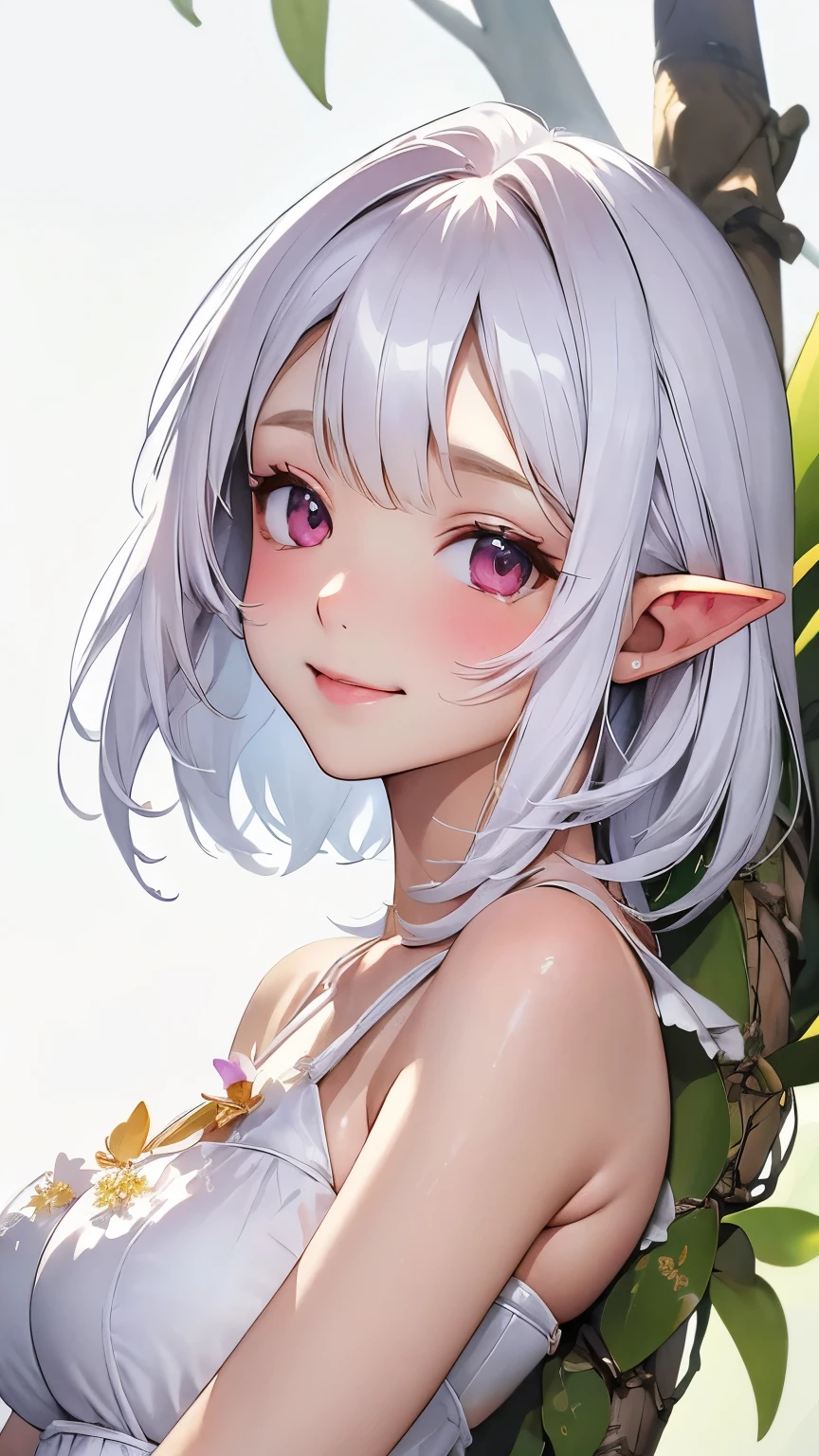 ((Cattleya、Three White Flowers、Close-up、whole body、))、(Adult elf female sitting on a tree branch、short hair、Silver Hair、A kind smile、Blushing cheeks、Small breasts)、Soft Focus、((Sargent-style watercolor))、((White background))、(No background)、Blur the background、(Highest quality、High resolution、masterpiece)、4K Anime Art、