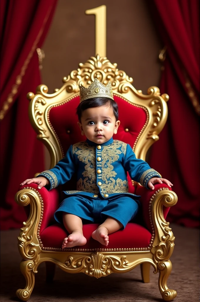 a young one year old indian baby boy sitting on a throne. The child is wearing a traditional Indian outfit with a blue and gold color scheme and a crown on their head. sitting on the throne with their legs crossed and their hands resting on the armrests. A large size number '1' is seen behind the throne.throne is made of gold and has intricate carvings on the top and sides. The background is a red curtain with gold accents. The overall mood of the image is regal and luxurious