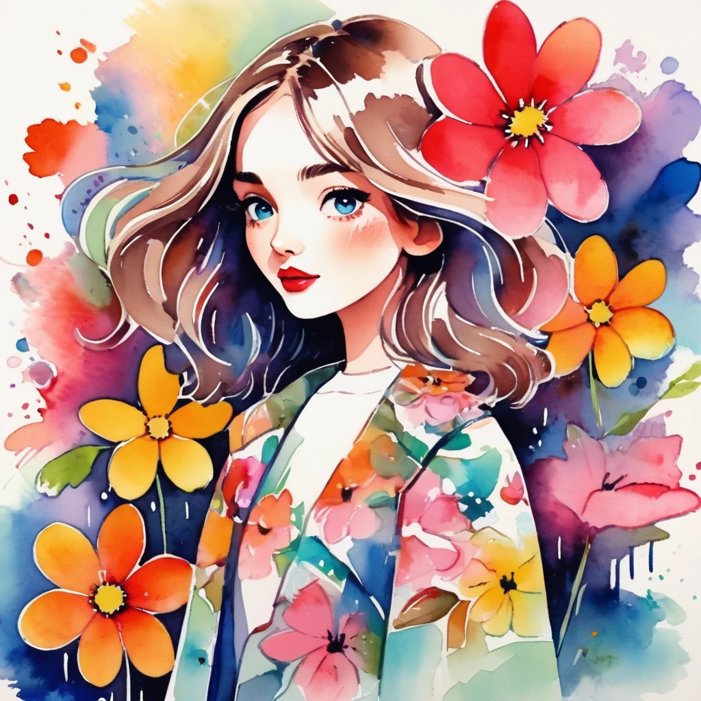 Micho Style、(((stylish fashion))), 8K Quality、Intense watercolor, Detailed watercolor art, Watercolor splash, Surreal, avant-garde pop art, Beautiful and expressive paintings, Beautiful artwork illustration, Very colorful tones, wonderful, Cool beauty, highest quality、Official Art, Vector art, Stylish design, (((The most beautiful girl))), (((highest quality))), HDR, ((detailed)), (((Doodle Art)), ((masterpiece)), ((Super detailed)), (((Colorful flowers))),(((Stylish)))
