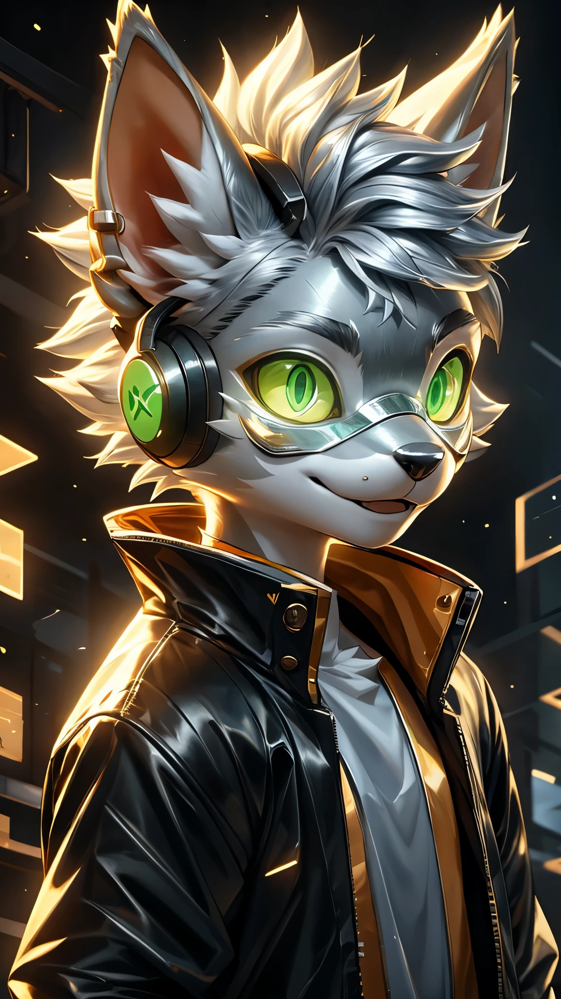 Young werewolf，Golden Fur，Wearing a black jacket with neon details，Wear an electronic mask，Wearing gaming headphones，avatar，Close-up of face，high quality，The art of math，High-definition 4K realism，((Clear structural details)))Show details，Exquisite eyes，(Blue-green pupils)((Silvery-white glowing eyes))Slim，Soft，4K，Excellent Quality，High Detail，Delicate fur，((Yellowtail in the right place))Light blue shirt。Pale ears，hair，whole body，permanent，small short mouth，personification，domineering