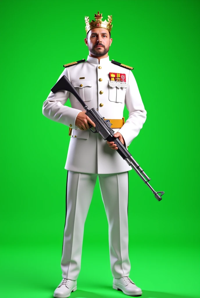 Front 
Front viewed, male, A white uniforms military governor general standing with a gun in his hand. King's crown on head. Plain full green screen background