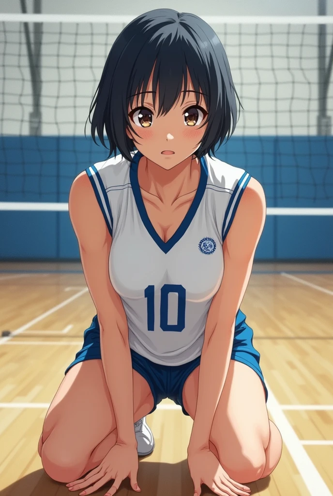 Japanese short black hair high school girl painting style。
oil。
Volleyball club practicing in the gym。
The uniform is white and blue on top、Black spats underneath。
The number on his front is 10. It looks like a photograph.。
The thighs are thick and in front of the head, as in an oil painting, and the person is kneeling on the floor.