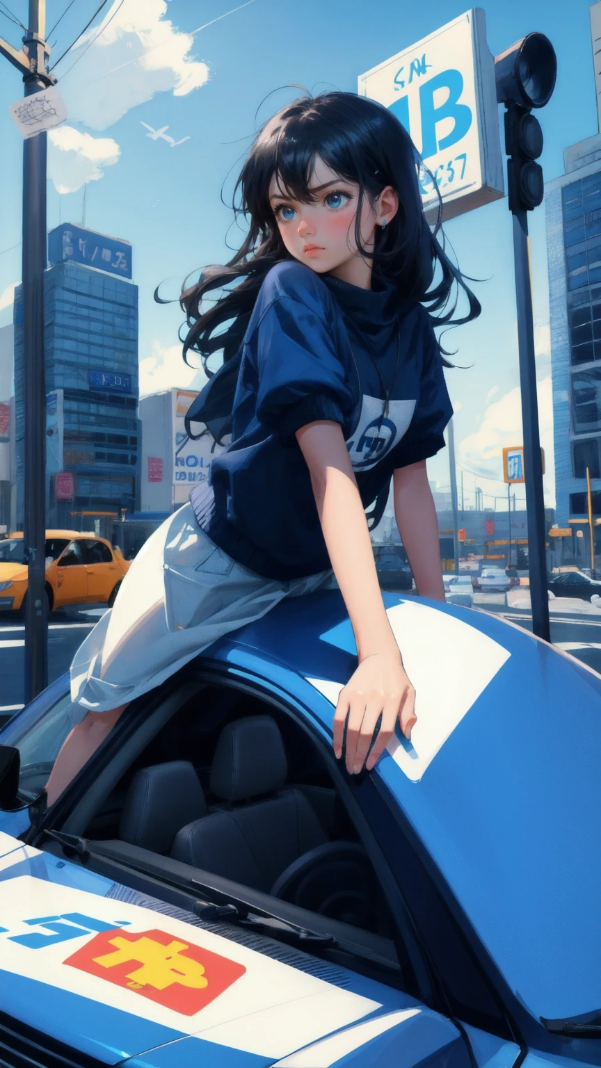 Design an image with a blue-themed traffic jam, featuring a cute girl in place of the distressed man, leaning over her car's roof with a pouting face, clearly frustrated. The traffic is dense, with every car surrounded by oversized Bitcoin symbols on poles instead of regular signs. Scattered money and Bitcoin coins should be spread around the cars, adding to the sense of chaos and frustration as the girl feels 'stuck in a transaction.' The image should retain the original's exaggerated and comic style.