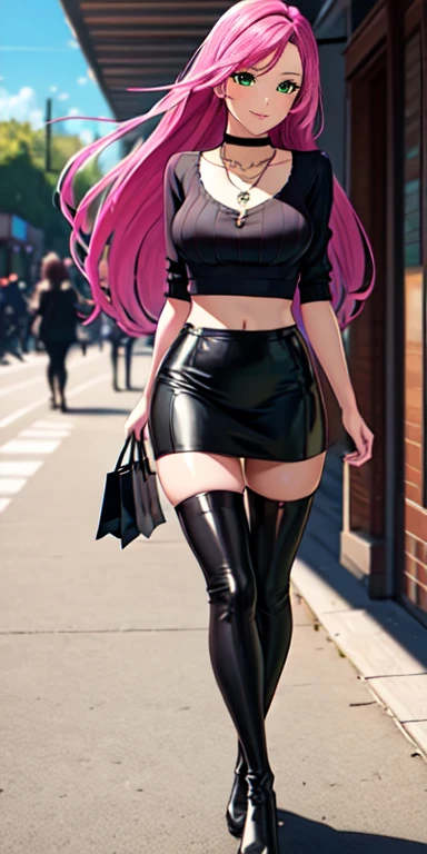 Masterpiece, beautiful art, 8k, art style by sciamano240, very detailed face, detailed hair, detailed clothes, detailed fabric, 1girl, beautiful face, long hair, pink hair , model head shot, facing camera, very detailed green eyes, sultry smile, wearing black ribbed crop sweater, black dior thigh boots, black pencil skirt, walking , out shopping, necklace, chocker, rosey cheeks, sunny summer setting, full body rear view,