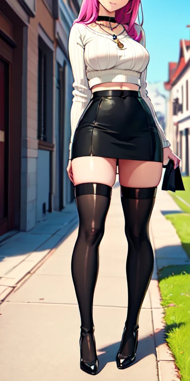 Masterpiece, beautiful art, 8k, art style by sciamano240, very detailed face, detailed hair, detailed clothes, detailed fabric, 1girl, beautiful face, long hair, pink hair , model head shot, facing camera, very detailed green eyes, sultry smile, wearing black ribbed crop sweater, black dior thigh boots, black pencil skirt, walking , out shopping, necklace, chocker, rosey cheeks, sunny summer setting, full body rear view,