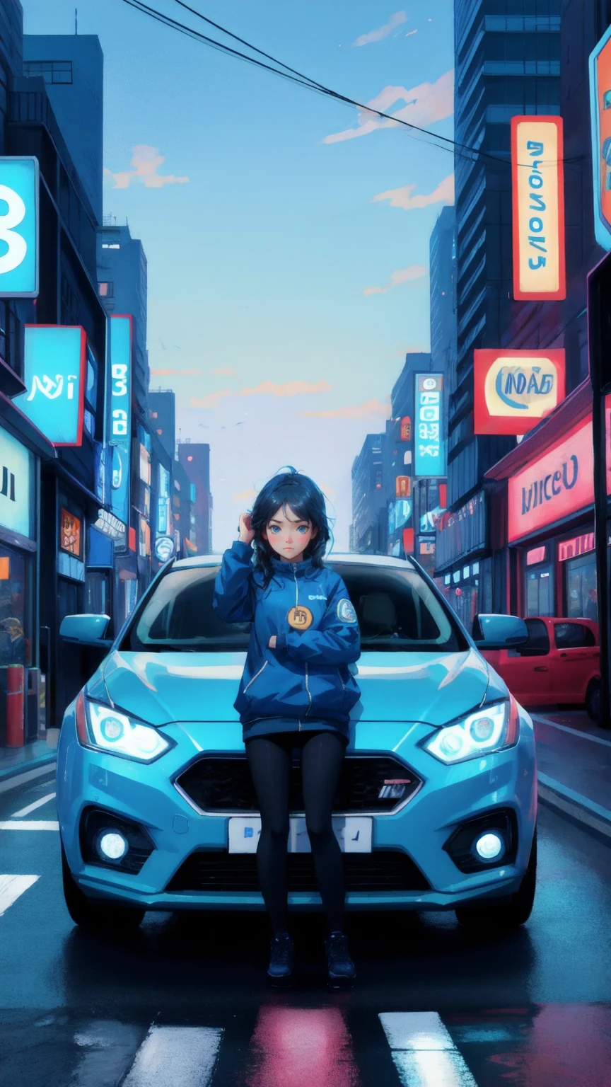 Generate an image set in a blue-themed, congested city street, with a cute girl replacing the worried man, resting her head on her car’s roof with an exaggerated frown that shows her frustration. The scene is filled with tightly packed vehicles, all marked with large Bitcoin symbols instead of normal road signs. Money and Bitcoin coins are scattered on the road and floating through the air, reinforcing the theme of being 'stuck in a transaction.' The visual style should be playful and exaggerated, similar to the original cartoonish depiction
