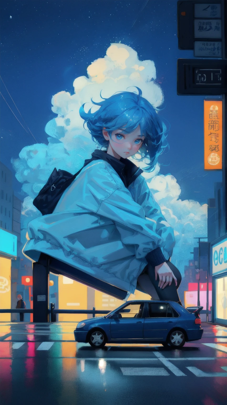 Generate an image set in a blue-themed, congested city street, with a cute girl replacing the worried man, resting her head on her car’s roof with an exaggerated frown that shows her frustration. The scene is filled with tightly packed vehicles, all marked with large Bitcoin symbols instead of normal road signs. Money and Bitcoin coins are scattered on the road and floating through the air, reinforcing the theme of being 'stuck in a transaction.' The visual style should be playful and exaggerated, similar to the original cartoonish depiction