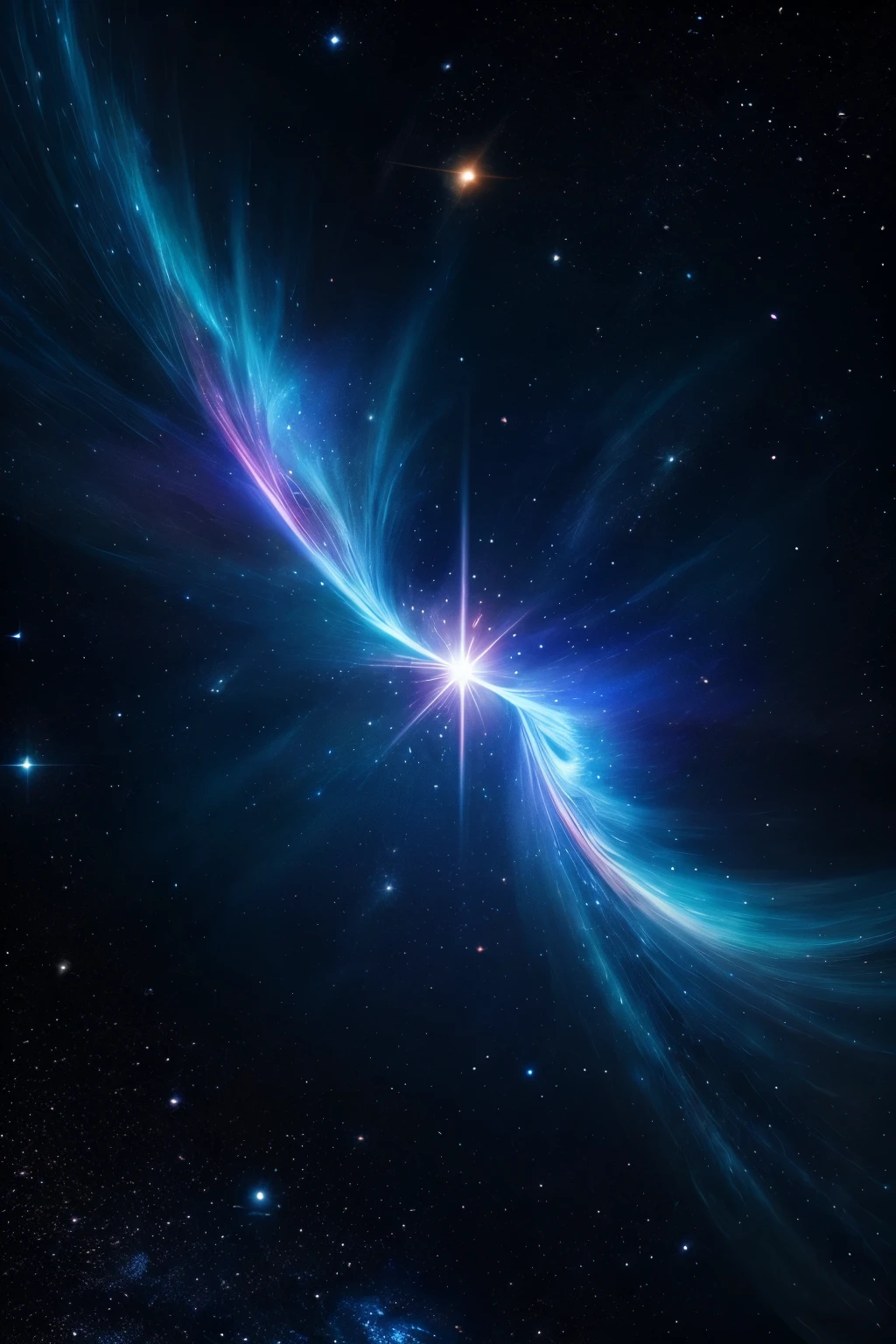 A solitary blue star floating in the vastness of space, resembling a brilliant, glowing sphere. The star's surface is violently churning, with intense, swirling patterns of plasma in various shades of blue, ranging from deep indigo to bright cyan. The star is fiercely burning, emitting powerful bursts of energy and light. Massive flares and arcs of blue-hot plasma shoot out from the star’s surface, releasing waves of energy that ripple across the surrounding space. The light from the star illuminates the nearby void, casting ghostly blue hues in every direction. The overall scene captures the raw, untamed power and mesmerizing beauty of a blue star, burning intensely and releasing energy in the endless void of space.