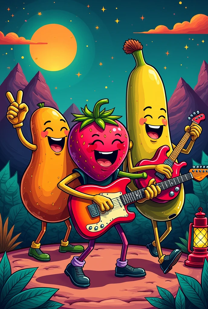 There are three fruit cartoon characters playing music, Poster art by Karoly Brocchi, Pixel, funk art, music poster, 🪔 🎨;🌞🌄, Poster, 80s poster, Poster, Illustration poster, rock 'n' roll, 80s style poster, Propaganda Art, Ink art brawlstars