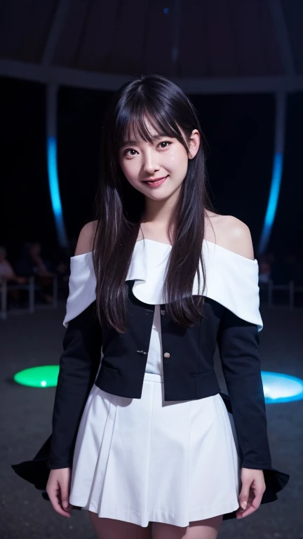 masterpiece, best quality, julia fey, 1 girl, alone, long hair, looking at the audience, blush, Smile, Negative space, (bioluminescence:1.2), dark, Dark background, Long sleeve, skirt, Bare shoulders, Medium breasts, very long hair, Wide sleeves, cape, white skirt, a roundabout