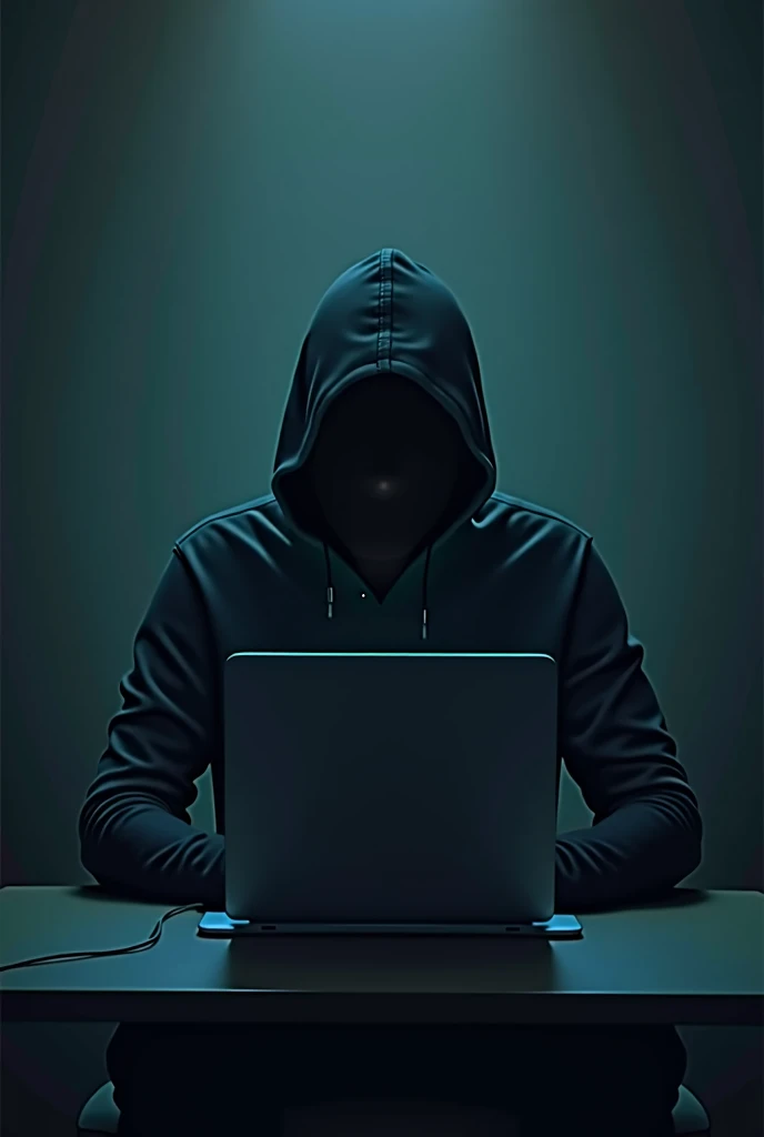 A young hooded man, no face, sit in front of computer, with light dark background. 