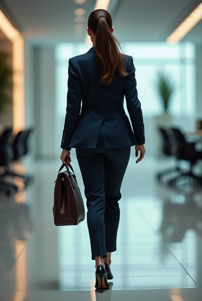 Athletic woman with a executive attire in back view
