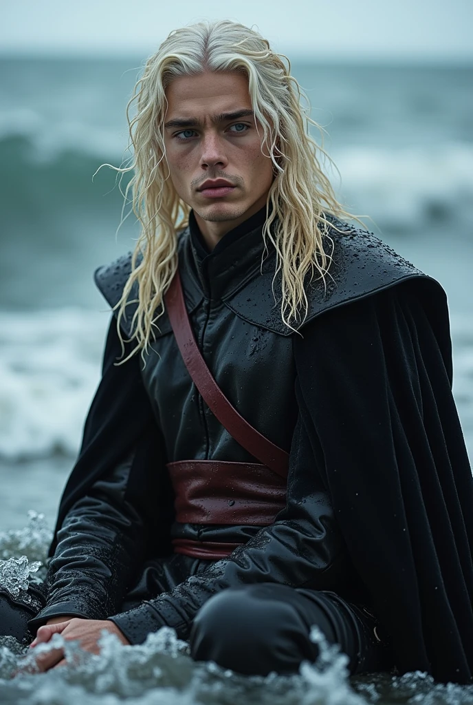 A handsome 23 years old Aesthetic Targaryen Prince with long curly platinum blonde hair, he's wearing a wet royal black velvet prince costume with maroon details, he's crying by sitting on ocean waves,He's wet fully,