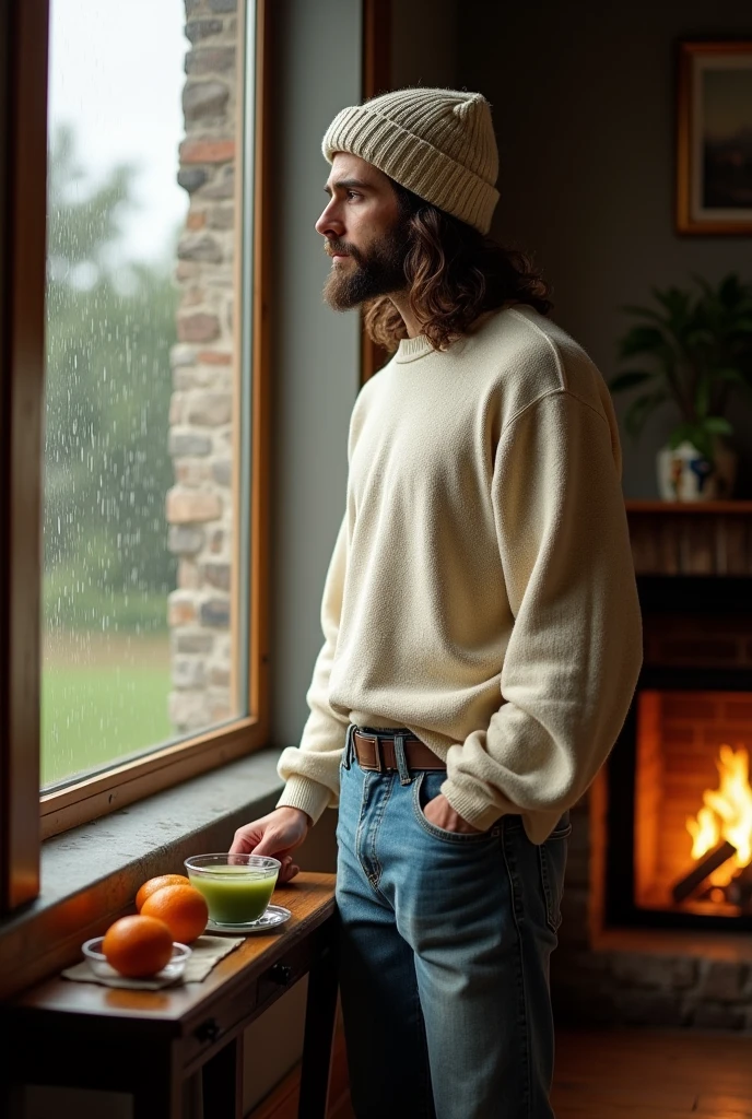 Jesus Christ standing by the window. Jesus is wearing an off-white knit top, jeans and a knit hat on his head. It's raining outside the window. He is looking out the window. Jesus of Nazareth is depicted as a gentle, gentle man with shoulder-length hair. His wavy brown hair cascades over his shoulders. His face conveys deep wisdom and empathy, radiating warmth and understanding. A room with a fireplace. Mandarin oranges and green tea are on the side table. A warm room. Highly detailed, trending at the art station, sharp focus, studio shot, intricate detail, Greg Rutkowski,