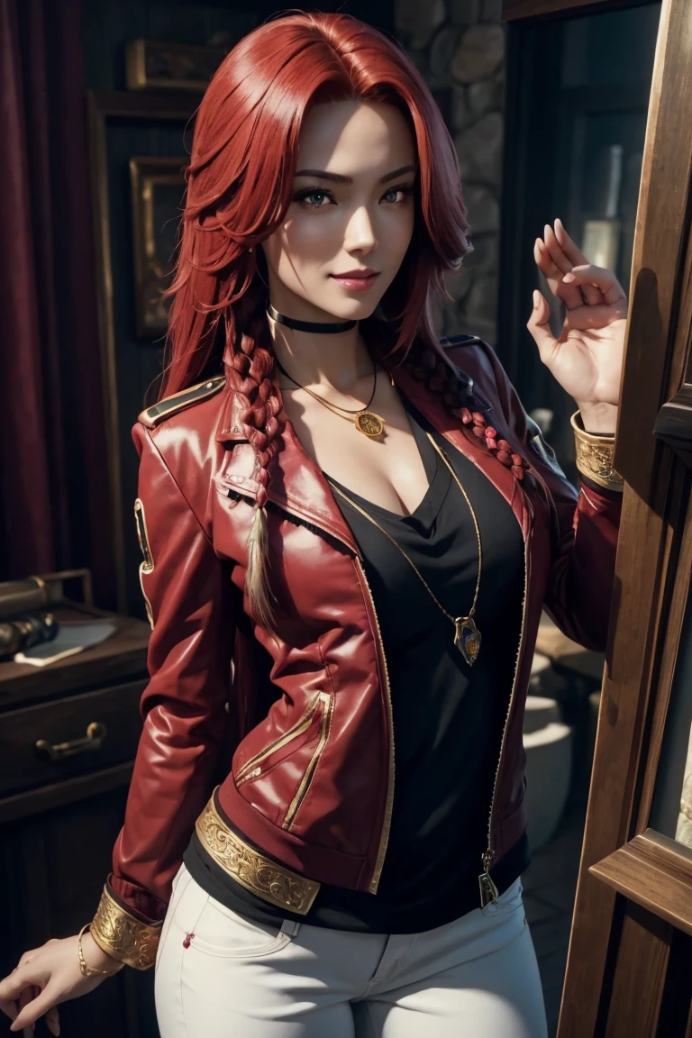 I want to be a powerful figure behind the scenes！,Iris Midgar,Red hair,long hair,Outside flip,with a single braid on one side only,Red eyes,Red Eyes,Beautiful white skin,Black and gold jacket,Black shirt,White long pants,Sapphire necklace,Photorealistic,Ultra HD,high quality,masterpiece,Digital SLR,Detailed details,Intricate details,Anatomical basis,Depicted in detail,A detailed face,Realistic skin texture,Vivid details,Perfect Anatomy,Perfect Anatomy,Anatomically correct hand,Anatomically correct fingers,Super Detail,Complex 3D rendering,The worldview of a fantasy with sexy poses,In the great outdoors,Petals of roses dance,Picturesque,Pink Lips,smile,