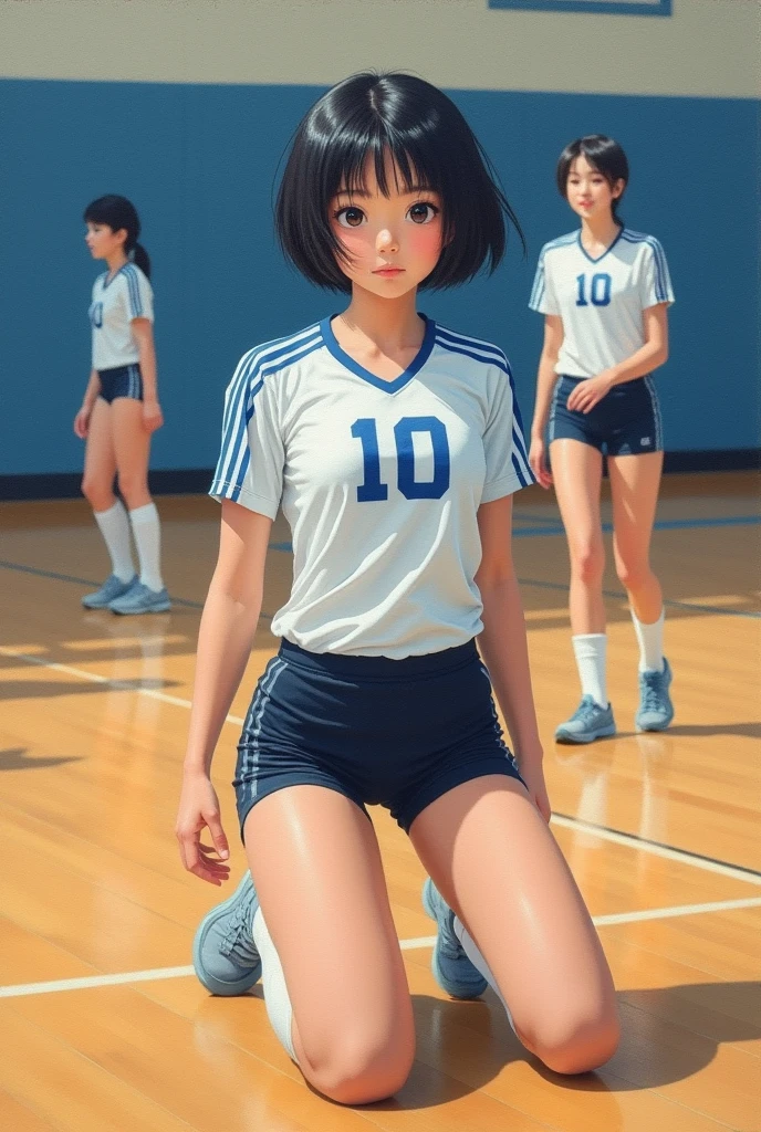 Japanese short black hair high school girl painting style。
oil。
Volleyball club practicing in the gym。
The uniform is white and blue on top、Black spats underneath。
The number on his front is 10. It looks like a photograph.。
The thighs are in front so that they can be seen from the head like an oil painting.、Kneeling on the firm floor
