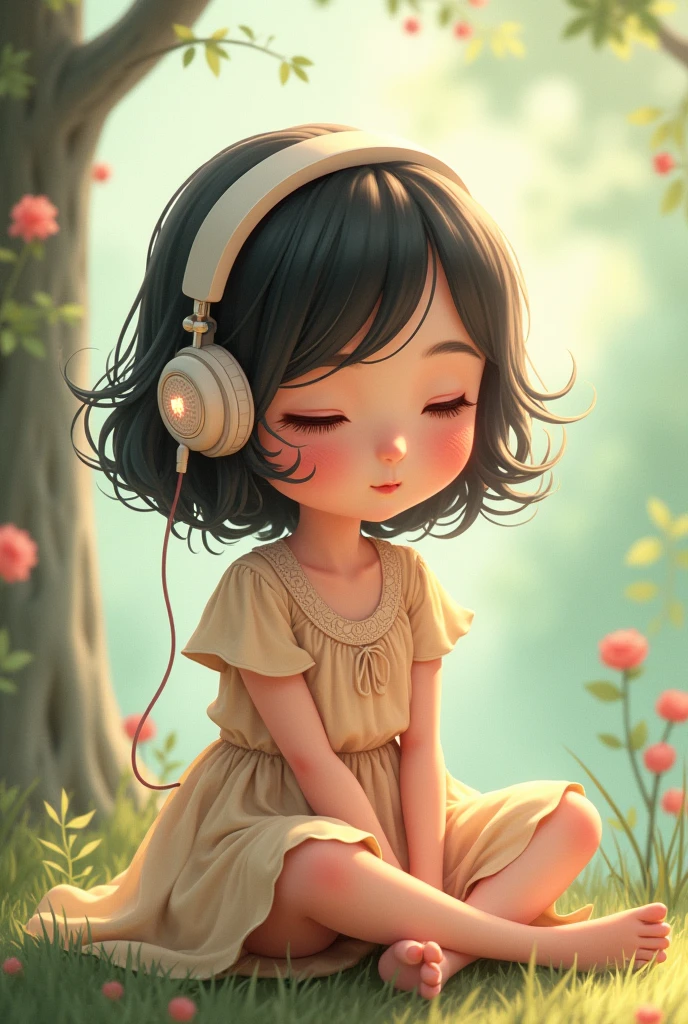 A pretty cartoon girl sitting in solitude listening to a song headphones