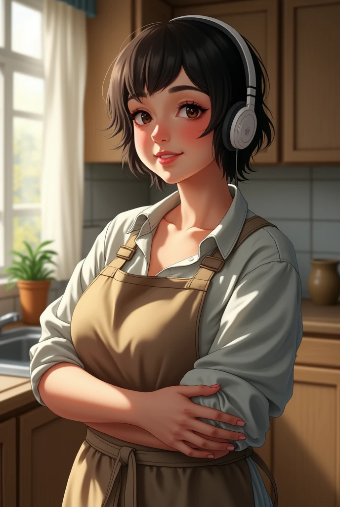 ((Highest quality)), ((masterpiece)), (detailed), One person, sexy、A masterpiece of idol cuteness! An active housewife, only 30 years old, stands in her kitchen cooking in headphones and an apron. Dynamic lighting frames her round face, highlighting her narrow eyes and perfect features. Adult short cut, the camera zooms in on her plump cheeks and large breasts, and her frayed shirt accentuates her large cleavage. A very short plaid skirt hugs her thighs, and a prone angle captures her best smile, showing off her realistic body and fine details. The subject, kneeling comfortably with her arms wrapped around her chest, is naturally attractive without makeup, making this an elaborate and professional piece of work. Chubby, chubby, chubby