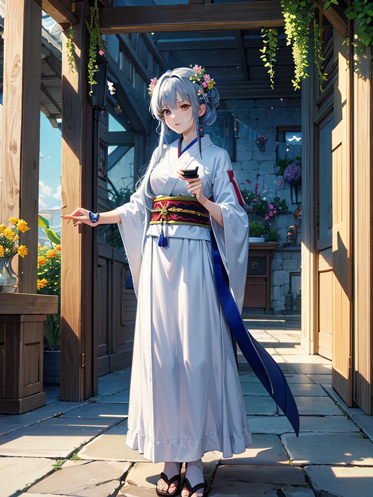 Magnificent View、Floating Island、Hanging Garden、Outdoor、anime、High definition、Holy Maiden、Shrine maiden、With many flowers blooming、Silver Hair（The top of the head is indigo blue、The ends of the hair are red.）、whole body、Jade Eyes、Dance dedicated to the gods、Votive dance