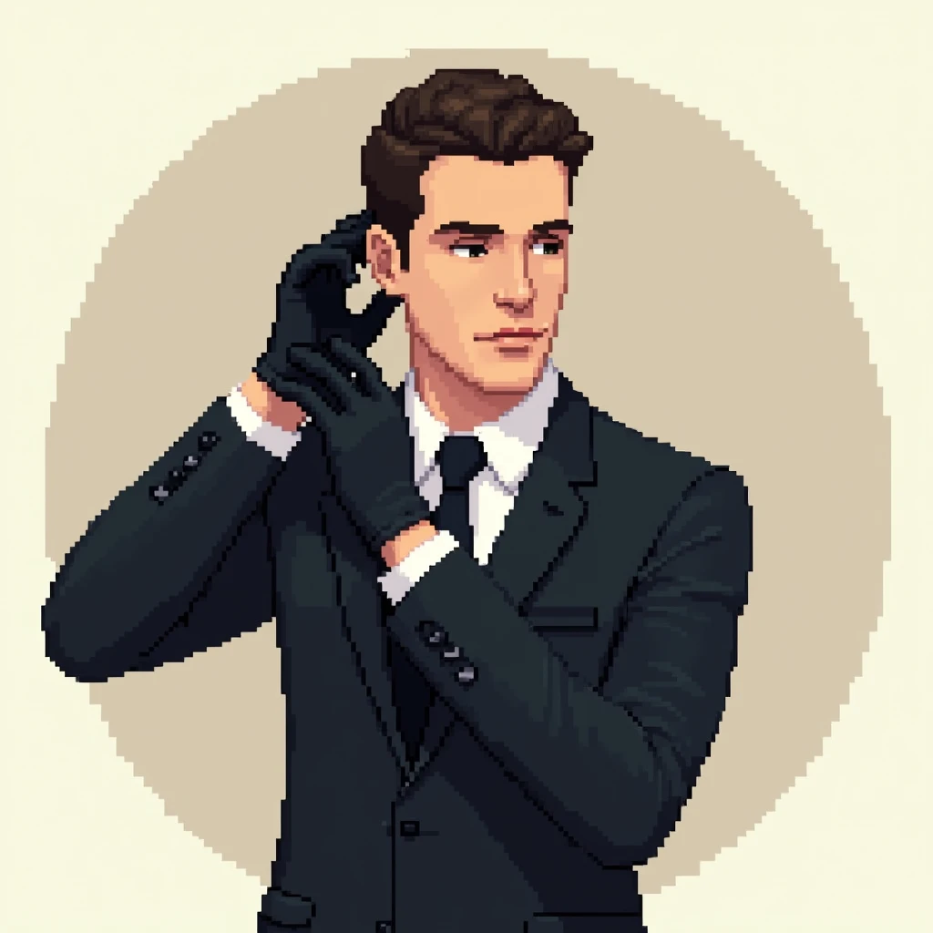 (masterpiece, top quality, best quality), pixel,pixel art,1man,suit, wearing gloves, setting his hair back