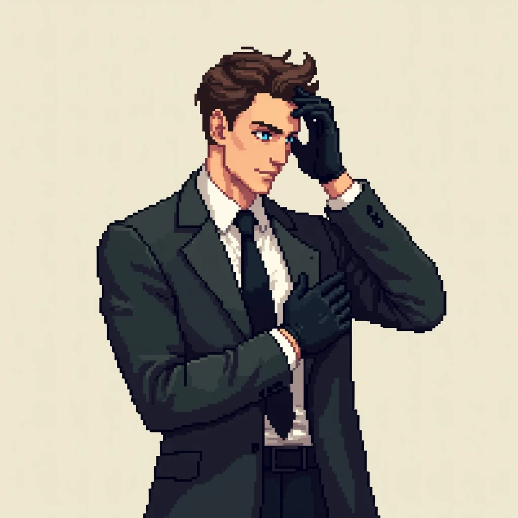 (masterpiece, top quality, best quality), pixel,pixel art,1man,suit, wearing gloves, setting his hair back 