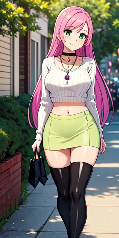 Masterpiece, beautiful art, 8k, art style by sciamano240, very detailed face, detailed hair, detailed clothes, detailed fabric, 1girl, beautiful face, long hair, pink hair , model head shot, facing camera, very detailed green eyes, sultry smile, wearing black ribbed crop sweater, black dior thigh boots, black pencil skirt, walking , out shopping, necklace, chocker, rosey cheeks, sunny summer setting, full body rear view,