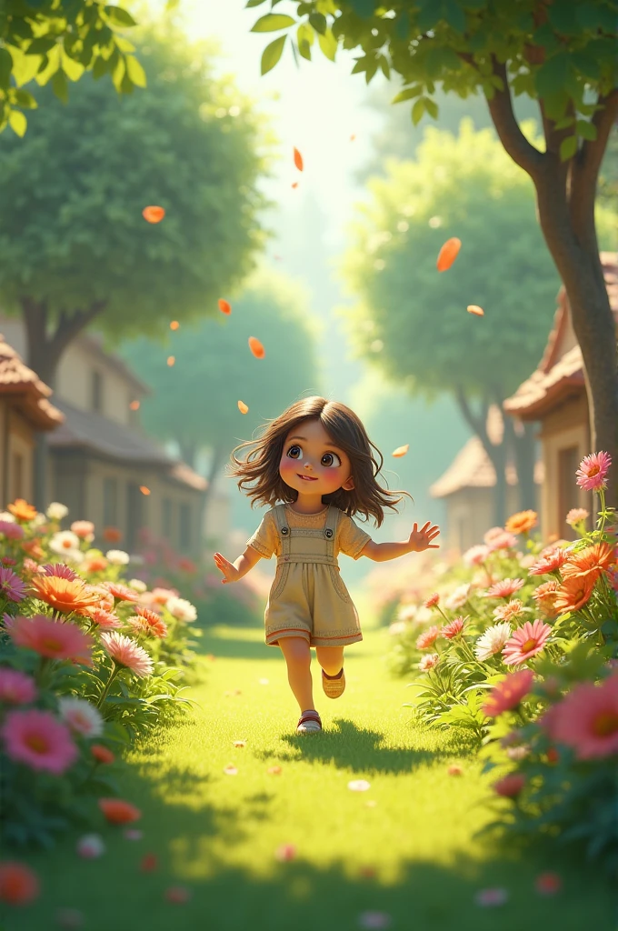 Prompt: A young, small girl playing joyfully in a beautiful village garden filled with colorful flowers, trees, and green grass. The scene is peaceful and bright with sunlight filtering through the leaves.
