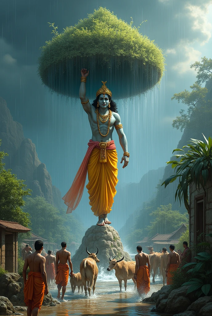 In vrindavana lord krishna holding govardhanagiri during heavy flood due to heavy rain in the ancient Indian period of dwaparayuga