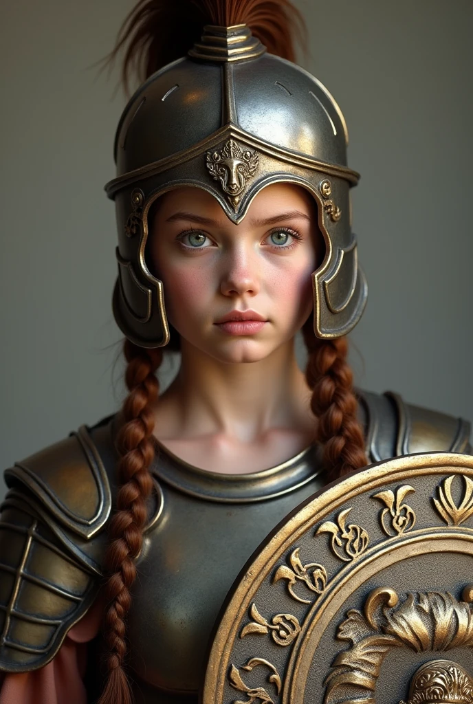 portrait, for a young British girl wearing military Greek armor with helmet and shield, like goddess Athena of wisdom, realistic, high quality, high detail, 8k ultra hd, 