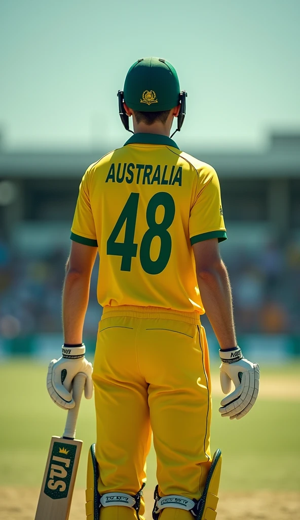 Give me a cricket player with AUS written on his yellow jersey and white sneakers on his feet., View from behind，A hand holding a cricket bat，顶光drop shadow, anaglyph, stereogram, tachi-e, ass pov, atmospheric perspective, 8k, super detail, best quality