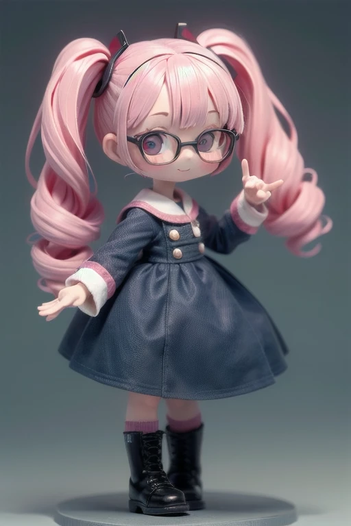 Realistic、Chibi Girl Doll、Nendoroid、(whole body、smile)Twin tails、Her hair color is pink.、Large round glasses、In the future city、uniform、A simple A-type dress and boots、The dress has a decoration like musical notation、Pose like a conductor、((Increase hand size))