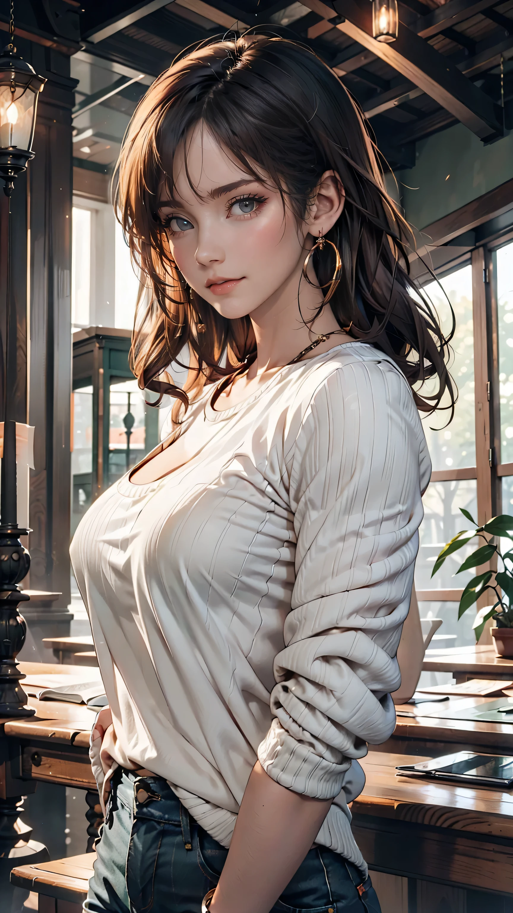 (masterpiece:1.2, Highest quality), 1 Female, alone, Upper Body, Big Breasts, dark wash skinny jeans, Oversized sweater, Ankle boots, Loose waves, Center Part, Simple hoop earrings, green park
