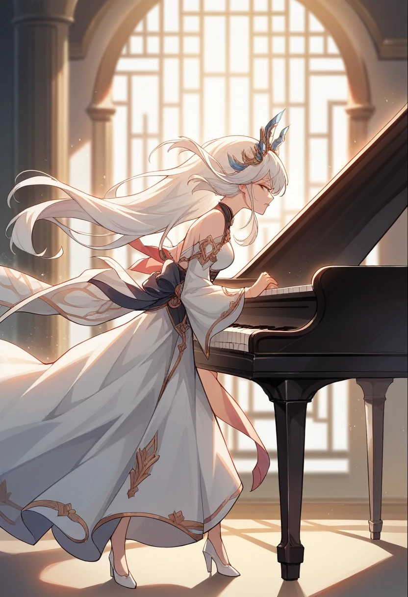 two girl, A girl holds a piano, A girl holds a lute, white hair, xianxia fantasy, CG social popularity, Chinese Tower, Prospect floats, Hair is scattered, motion blur, cinematic lighting, blurry foreground, motion lines, high details, 16k, highres, textured skin, super detail