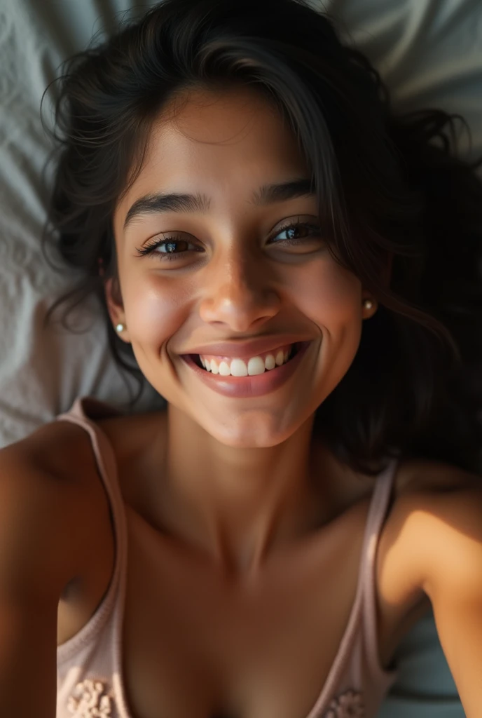 A cute 19 years old indian girl taking selfie, simple smile without showing teeth , rough dry face skin , lying on bed , sexy and hot boobs