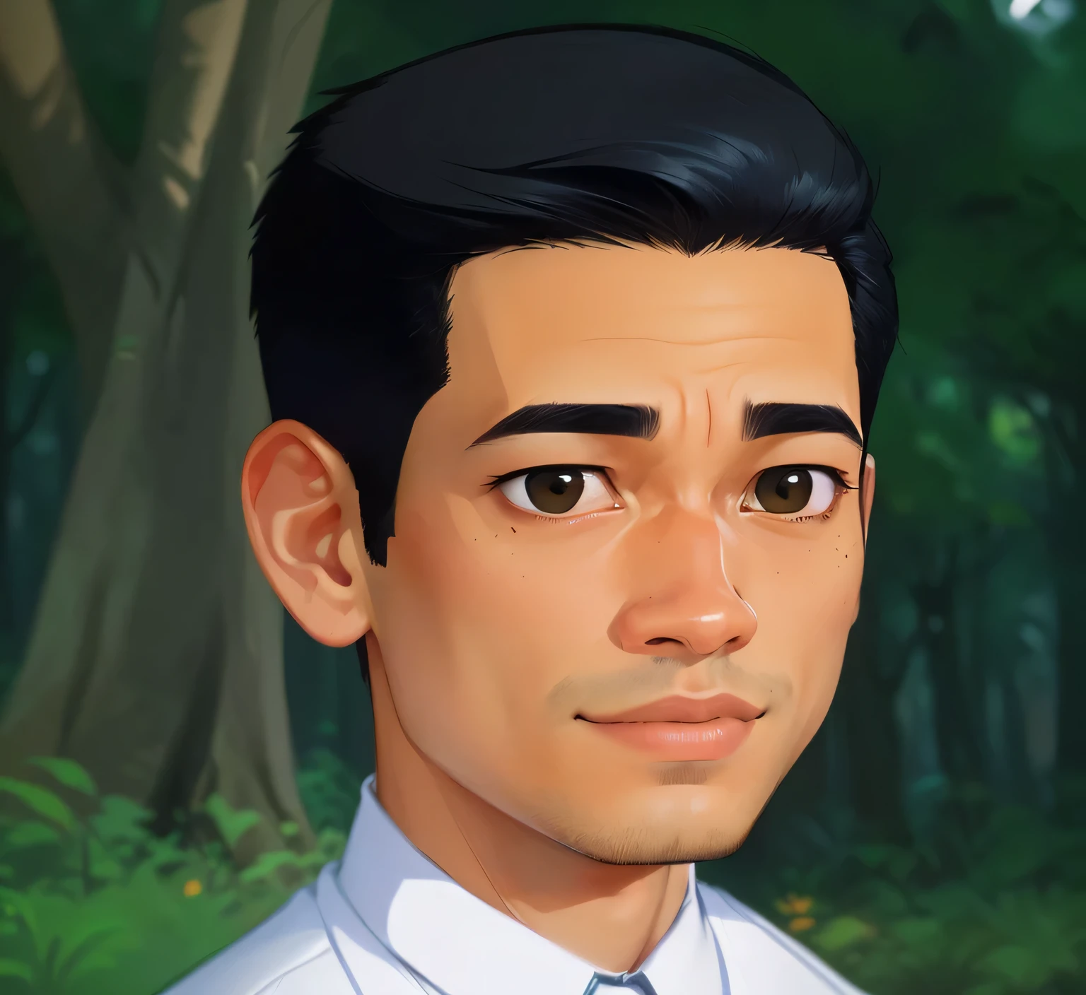 cartoon of a man with a tie and a shirt in a forest, character portrait closeup, animation still, cartoon portrait, closeup character portrait, ramil sunga, inspired by Pablo Carpio, animated still, 2d portrait, detailed character portrait, inspired by Abidin Dino, cartoon digital painting, fanart, avatar image, inspired by Bohumil Kubista