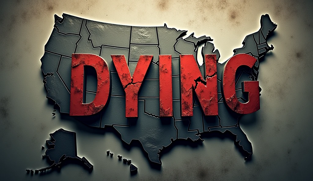 Give me a ultra realistic youtube thumbnail. The thumbnail should convey a sense of decline or decay. The background could feature a map of the United States, with the states in question appearing faded, cracked, or crumbling away. To enhance the visual impact, consider using a grayscale or desaturated color palette for the background, while highlighting the text in bold, bright colors like red or yellow. The title "10 Fastest Dying States in the United States" should be prominent, with "Dying" in a larger font and perhaps using a distressed or cracked texture to emphasize the theme